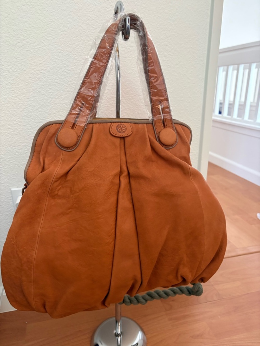 Colorblock Leather Shoulder Bag in Rust, Mustard & Taupe - Picture 3 of 6